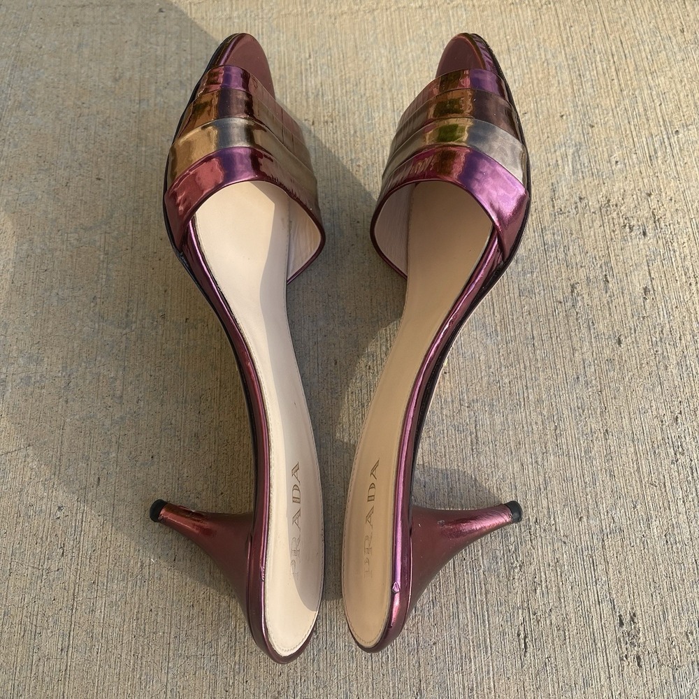 Prada Milano Slide Sandals Metallic Pink Gold Leather Open Toe Heel EU 38 US 7.5 - Picture 6 of 9